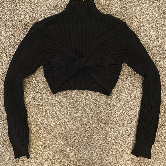 Anthropologie Black Crop Ribbed Knit Sweater with Twist Front - Picture 4 of 10